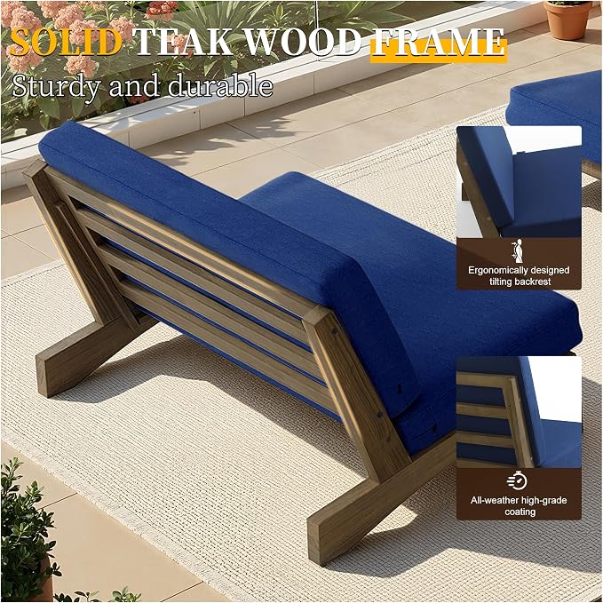 Outdoor Furniture Patio Couch, Weather Resistant Patio Loveseat Sofa Couch with Removable Cushion, Teak Wood Frame for Porch & Backyard Seating - Navy