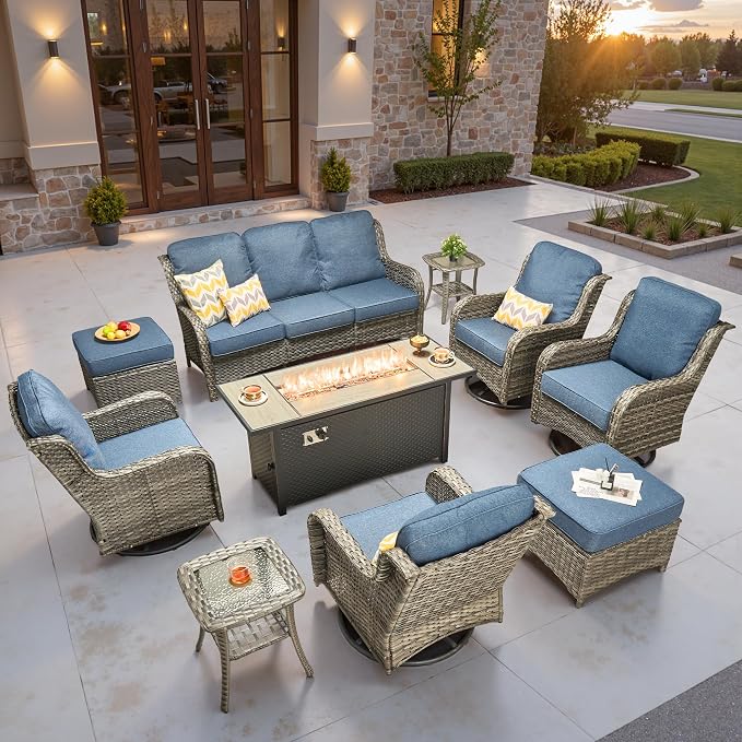 ovios 10-Piece Patio Furniture Set with Swivel Chairs Side Table, Outdoor Wicker Sofa with 54" Fire Pit Table, High Back Couch Modern Conversation Sets, Grey/Denim Blue