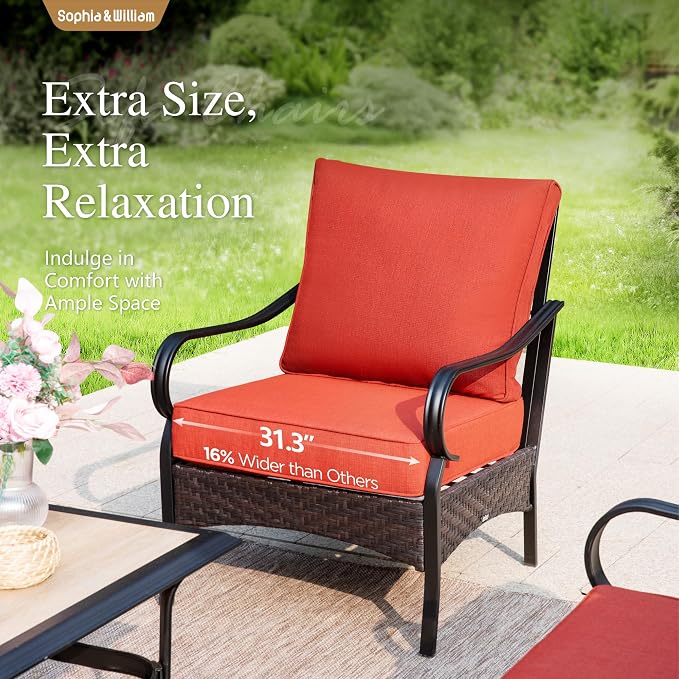 Sophia & William Extra Large Outdoor Patio Sofa Chairs Set 2 PCS Heavy-Duty Porch Furniture with High Back & Deep Seating Area, 5.5" Thicken Cushions for Deck, Lawn, Outside (Red)