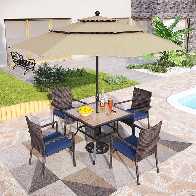 PHI VILLA 5pc Patio Dining Set with Umbrella, Square Table, Rattan Chairs | Includes 37" square metal table, 4 cushioned rattan chairs, and 10ft beige umbrella. Perfect for patio, deck, yard, or porch