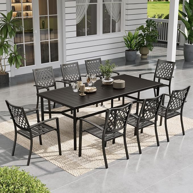 Sophia & William Patio Table and Chairs Set, Outdoor Dining Set for 8, 9 Piece Metal Patio Furniture, 82.7" Black Rectangular Table(Diamond)