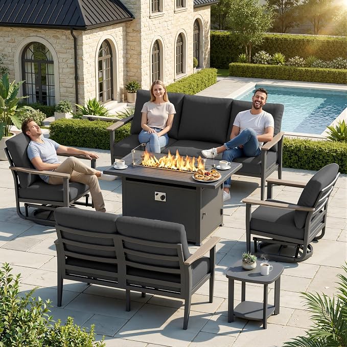 Aluminum Outdoor Patio Furniture Set, 6-Piece Sectional Sofa with 5.1" Thick Cushions, Swivel Rocking Chairs, 55,000 BTU Propane Fire Pit Table, Outdoor Couch for Backyard, Deck, Black