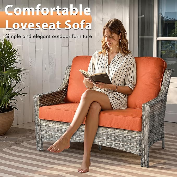 6 PCS Outdoor Patio Furniture Sets,Patio Conversation Sets Outside Rattan Soft Cushion Sofa with 2 Wicker Rocking Chairs & 54 in Fire Pit Table Fit Backyard Porch Garden Poolside Balcony,Orange Red