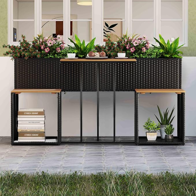 Moccha Patio Furniture Set with Raised Garden Bed - Rattan Outdoor Conversation Set with Bottom Storage, Acacia Wood Seating and Flower Box Set, Garden Planter Table with Chairs for Porch Yard Deck