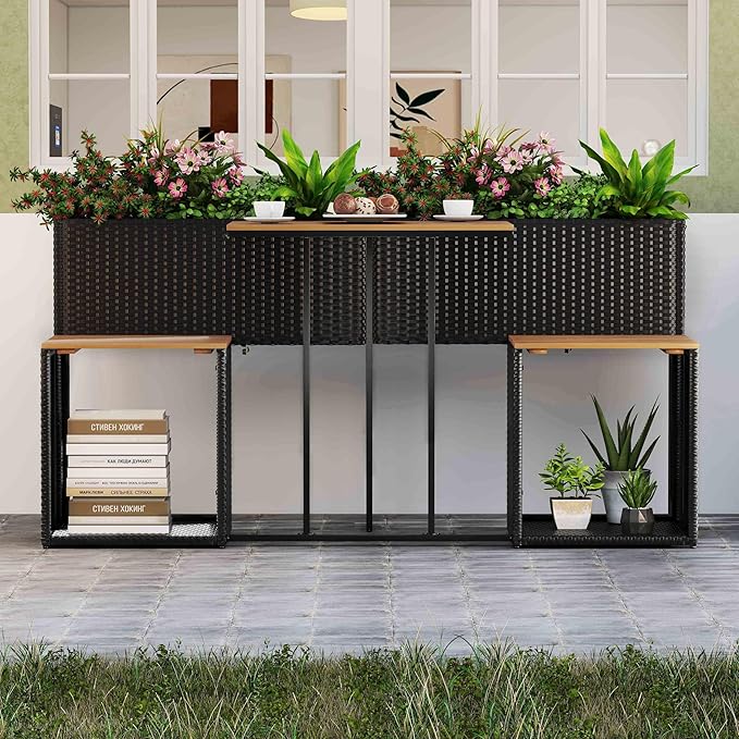 Tangkula Patio Furniture Set with Raised Garden Bed, PE Rattan Garden Planter Table with Built-in Chairs and Storage Space, Acacia Wood Outdoor Conversation Set with Sturdy Metal Frame