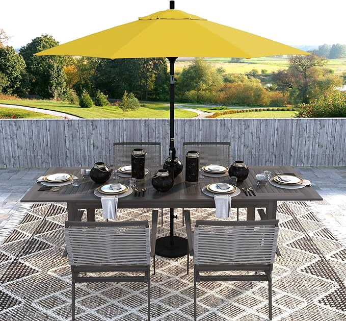 California Umbrella 9' Round Aluminum Market Umbrella, Crank Lift, Push Button Tilt, Black Pole, Lemon Olefin