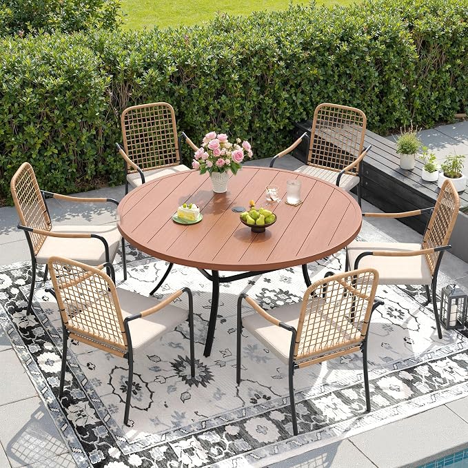 DIFY 7 Pieces Outdoor Dining Set for 6, 50" Round Dining Table with Umbrella Hole & Wicker Stackable Patio Chairs with Cushions, Metal Patio Table and Chairs Set for Backyard Porch Garden, Walnut
