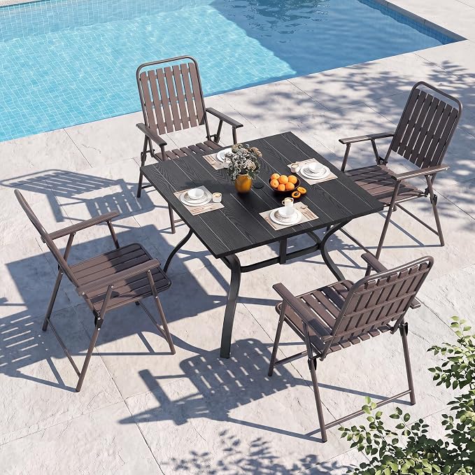 Outdoor Dining Set for 4, Patio Table and Foldable PP Chairs Set with 1.97'' Umbrella Hole, 5pcs Patio Furniture Set 37.8”x37.8” Dining Table Set with No Assembled Chairs for Porch Deck Backyard Pool