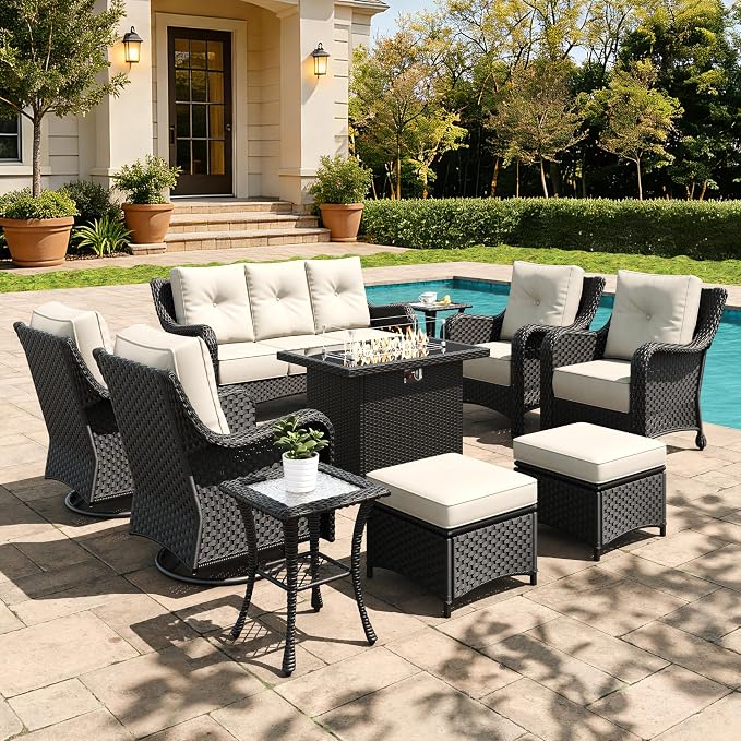 10 Pieces Outdoor Furniture Set with 6-inch Cushions, High Back Wicker Swivel Rocker Chairs with Fire Pit Table, Luxury Conversation Set for Deck Patio and Poolside