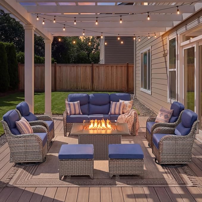 Luxury Patio Furniture Set with Fire Pit Table-8 Pieces All Weather Outdoor Swivel Rocker Chairs with Sofa and Ottomans. Outdoors Patio Conversation Sets for Porch Deck Garden(Brown/Blue)