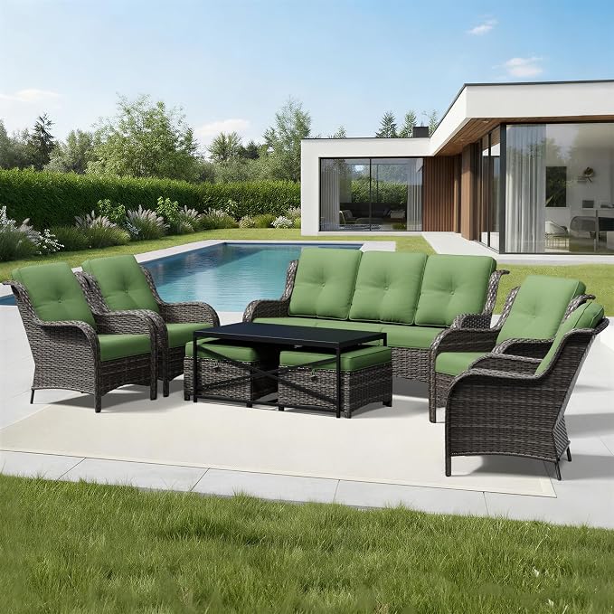 Joyside 8 Piece Wicker Patio Furniture Set, Rattan Patio Chairs with High Back, Deep Seating, Wide Armrest, Thickened Cushions, Outdoor Furniture for Deck, Porch Use
