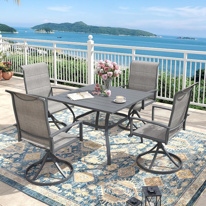 Outdoor Dining Set for 4, 37.8" Outdoor Dining Table with Umbrella Hole and Padded Textilene Patio Swivel Chairs, 5 Pieces Patio Table and Chairs Set for Garden Backyard, Grey and Dark Grey