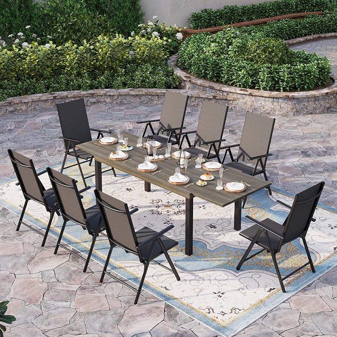 Sophia & William Patio Dining Set for 8, 8 Person Outdoor Dining Table Set with Expandable Metal Patio Table and 8 Foldable Textilene Patio Chairs, Grey