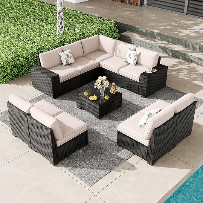 Patio Furniture Set, 10 Pieces Outdoor Couch Sofa with Wider Armrests & Glass Coffee Table, Outdoor Sectional Furniture with Thick Cushions for Party, Poolside,Garden-Beige