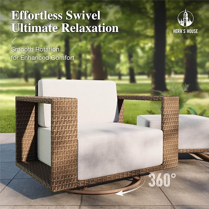HERA'S HOUSE 5 Pieces Patio Furniture Set with Swivel Chairs, Outdoor Wicker Conversation Set, All Weather Yellow Rattan Sofas with 10" Thick Cushion for Deck Lawn Garden