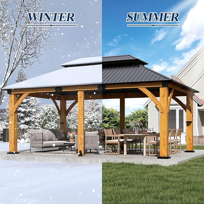 COVERONICS 12FT x 20FT Outdoor Spruce Wood Gazebo - Patio Wooden Frame Gazebo with Galvanized Steel Double Roof, Heavy-Duty Hardtop Gazebos for Garden, Poolside, Deck, Backyard
