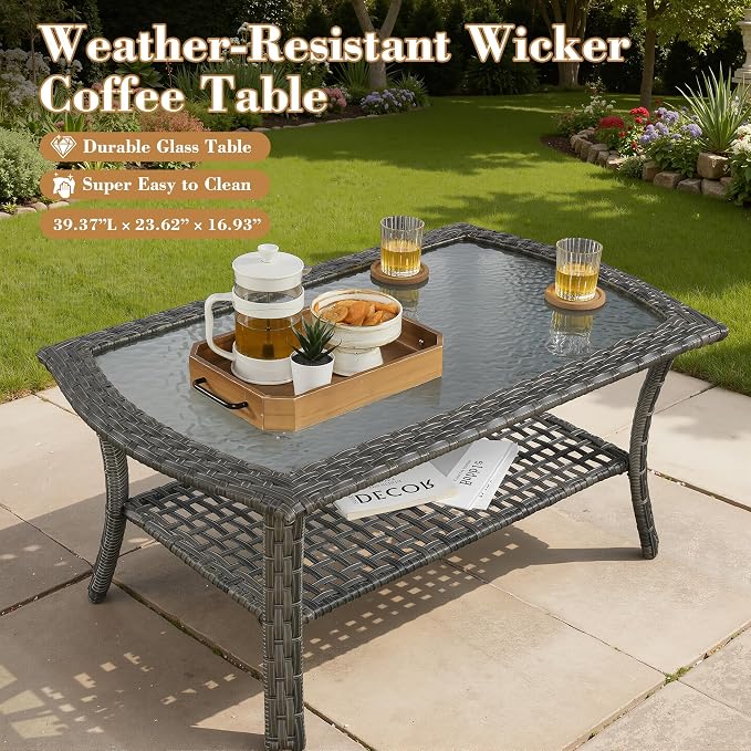 4 Pieces Patio Furniture Set, Small Outdoor Patio Set with Coffee Table, All-Weather Rattan Wicker High Back Conversation Set Loveseat with Chairs for Porch, Backyard, Balcony, Grey