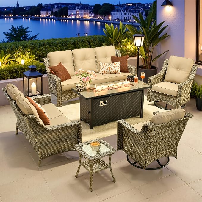 6 PCS Outdoor Patio Furniture Sets,Patio Conversation Sets Outside Rattan Soft Cushion Sofa with 2 Wicker Rocking Chairs & 54 in Fire Pit Table Fit Backyard Porch Garden Poolside Balcony,Beige
