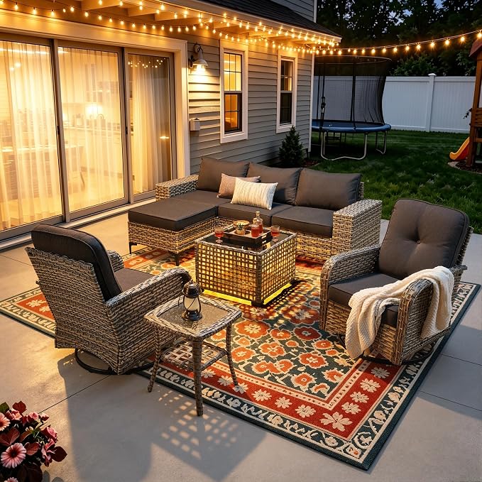 8-Piece Wicker Outdoor Sectional Furniture, Wide Armrest Patio Couch with Swivel Rocking Chair Ottoman Solar Table, Modular Sofa Rattan Conversation Sets for Backyard Deck Garden, Black