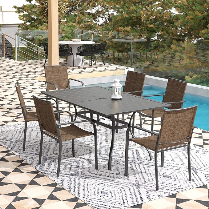 Anmutig 7-Piece Outdoor Dining Set, Powder Coated Steel Table with 6 Stackable Chairs, Black and Brown, 63 x 38 Inch Table