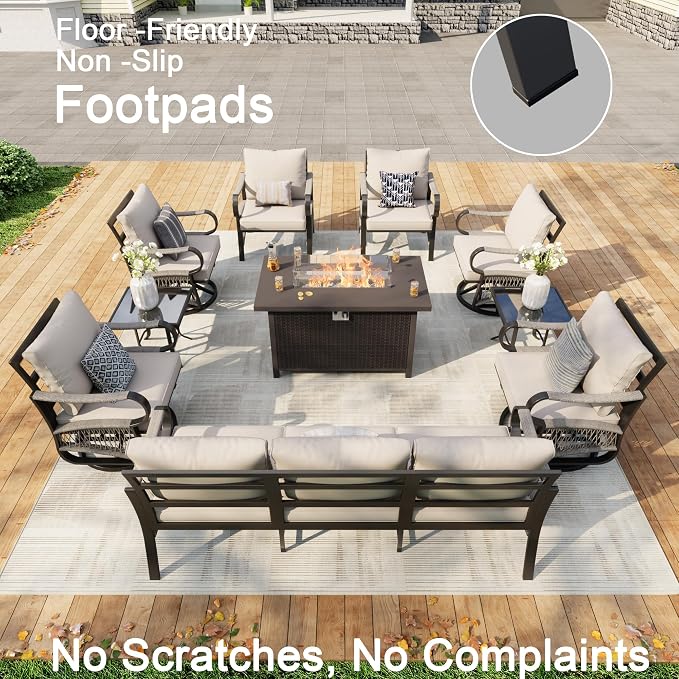 10 Pieces Patio Furniture Set, Metal Outdoor Conversation Sets with Fire Pit Table and Swivel Chairs for Backyard Garden Deck Porch Poolside (Thick Beige Cushions)