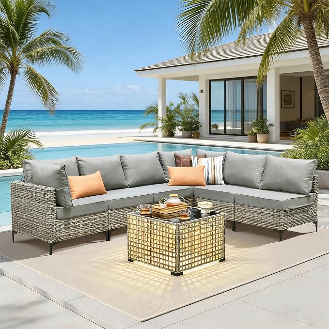 7 Pieces Patio Furniture Set with Solar Light Coffee Table, All-Weather Rattan Outdoor Sectional Conversation Sets L Shaped Sofas with Thick Cushions for Porch Balcony Backyard Dark Grey