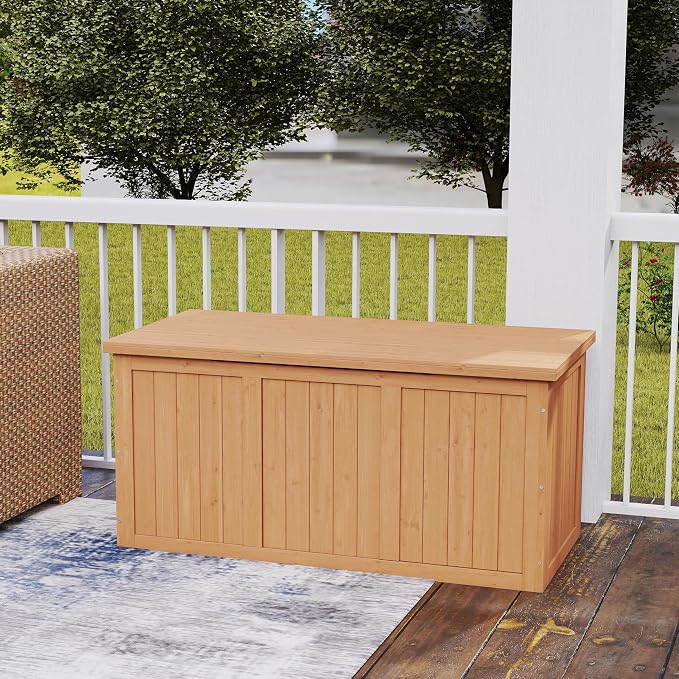 67 Gallon Outdoor Wooden Deck Box Solid Wood Storage Box Seat Table Top for Patio Furniture Cushions, Pool Toys Garden Tools