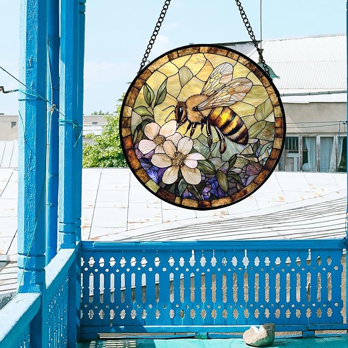 Stained Glass Window Hanging, Vintage Bee Yellow Flower Sun Catcher for Window Door Home Decor Suncatcher Christmas Mother's Day Birthday Gifts for Women Men Mom and Nana 11.8 in