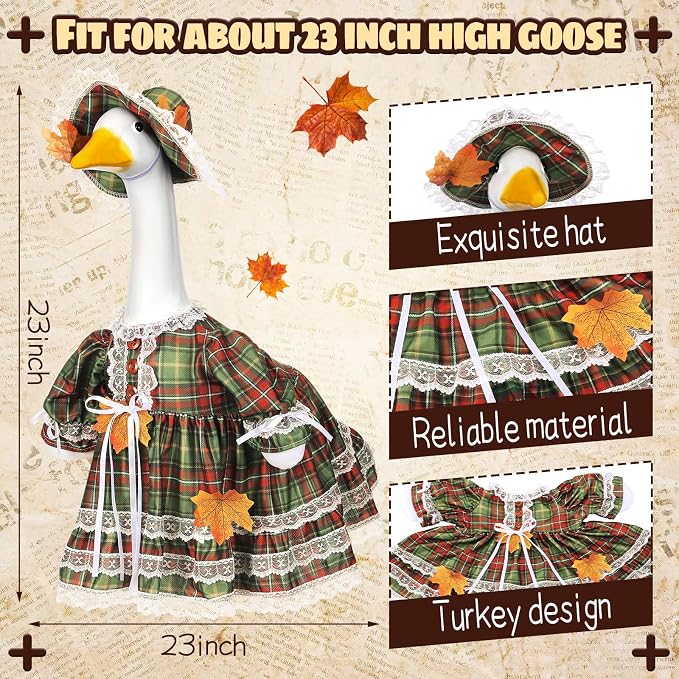 Suzile Fall Plaid Porch Goose Outfit Autumn Goose Clothes for 23 Inch Cement or Plastic Geese Costume Plaid Dress for Yard Lawn Outdoor Garden Patio Duck Statue Thanksgiving Party Decor