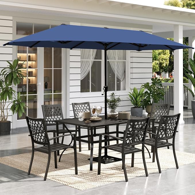 Sophia & William Patio Dining Set with 13ft Double-Sided Patio Umbrella, 8 Piece Metal Outdoor Table Furniture Set with 6 Outdoor Stackable Chairs, 1 Rectangle Dining Table and 1 Large Navy Umbrella