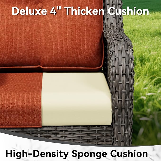 4 Piece Outdoor Wicker Patio Furniture Set, Patio Chairs Set with Thickened Olefin Cushions, High Back and Deep Seating, Hand-Woven PE Rattan, Ottoman for Porch, Deck, Orange