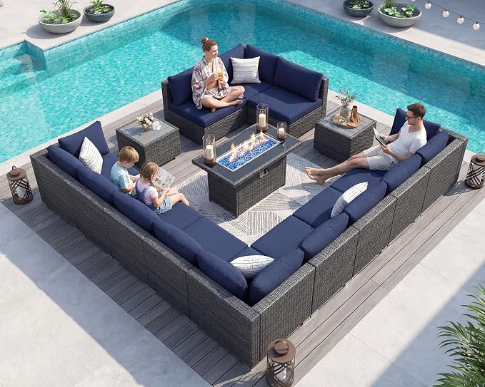 NICESOUL 15 Piece Outdoor Patio Furniture Set with Fire Pit, Extra Large Wide Outdoor Deep Seated Sectional, Cozy 29.3'' High-Back Modular Couch, 500 Lbs High Weight Capacity Wicker Sofa, Gray & Blue