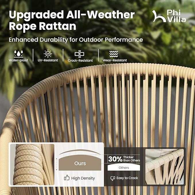 PHI VILLA 9pc Outdoor Dining Set, 83" Rectangle Table & 8 Rattan Chairs | Outdoor dining set for 8, Metal table with umbrella hole, Cushioned brown wicker chairs. Modern design for patio, deck, porch