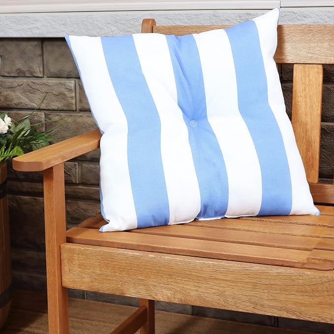 Sunnydaze Tufted Indoor and Outdoor Decorative Throw Pillows - 19-Inch Square Patio Cushions Set of 2 - Weather-Resistant Polyester - Beach-Bound Stripe