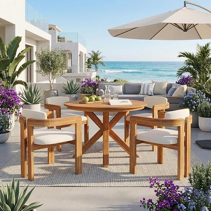 Christopher Knight Home Katy Modern 5 Piece Outdoor Dining Set, Round Dining Table Set for 4 with Chairs, Acacia Wood Patio Furniture Set with Barrel Chairs and Seat & Back Cushions, Beige+Brown