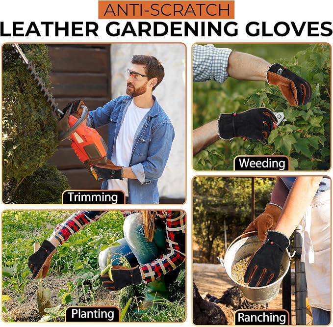 HANDLANDY Leather Gardening Gloves, Leather Work Gloves for Men Women | Durable Utility Men Women Garden Yard Working Glove, for Landscaping, Mechanic, Construction, Driving, Farming, Ranching