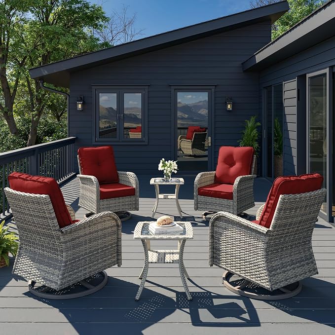 6-Piece Patio Rocking Swivel Chair Outdoor Gliders Wicker Rattan Bistro Set with Tempered Glass Side Table, Outdoor Patio Furniture Set for Garden, Deck, and Balcony, Red