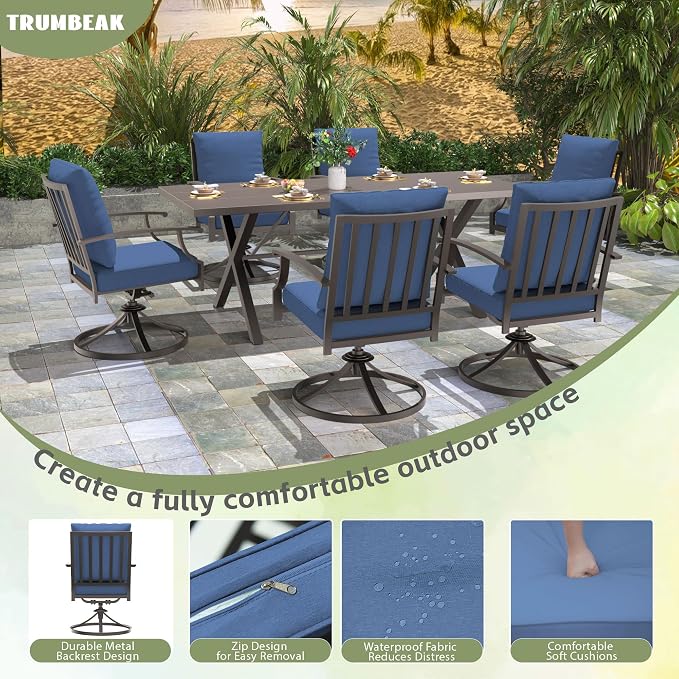 7-Piece Patio Dining Set Outdoor Conversation Set,Metal Outdoor Furniture Set with Umbrella Hole Cut-Out 78.7" x 35.4" Table and 6 Metal Backrest Swivel Chairs for Backyard,Garden,NavyBlue