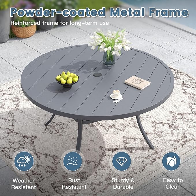 DIFY 9 Pieces Outdoor Patio Dining Set for 8, 53" Round Metal Dining Table and 8 Stackable Textilene Patio Chairs, Outdoor Table and Chairs for Backyard Garden Poolside, Grey