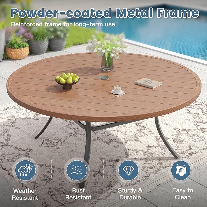 DIFY 9 Pieces Outdoor Dining Set for 8, 63" Round Dining Table with Umbrella Hole & Wicker Swivel Patio Chairs with Cushions, Metal Patio Table and Chairs Set for Backyard Porch Garden, Walnut