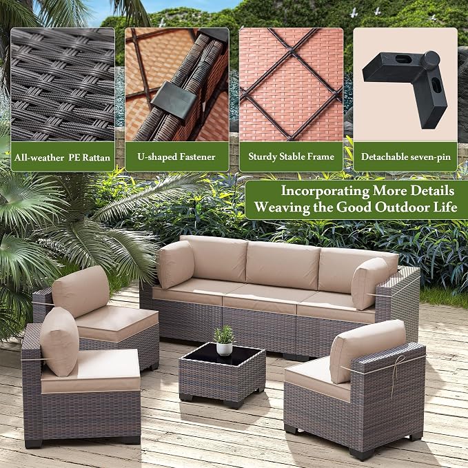 10 Pieces Outdoor Patio Furniture Set,Outdoor Sectional Furniture with 43" 55000 BTU Gas Propane Fire Pit Table,All Weather PE Rattan Wicker Patio Conversation Set with 2 Ottomans,Sand