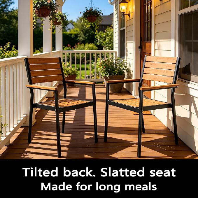 11-Piece Outdoor Dining Set for 10 Person with Teak Wood-Grain Top | Armrest Stackable Chairs with 19.4" Seat Depth, Aluminum Frame Dining Furniture with Umbrella Hole for Deck, Porch & Backyard