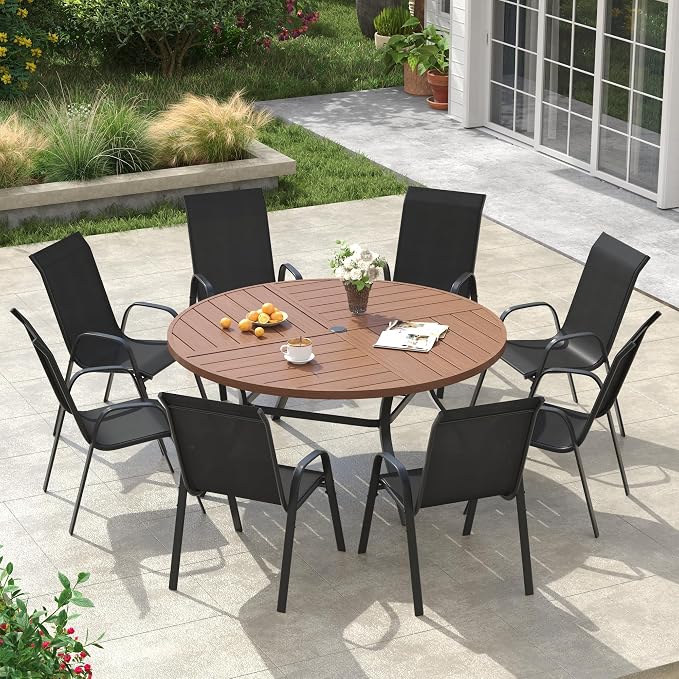 VICLLAX Round Outdoor Patio Dining Set for 8, Metal Slatted Patio Table with Umbrella Hole and 8 Stackable Patio Chairs for Deck Lawn Garden, Black Fabric and Walnut Tabletop