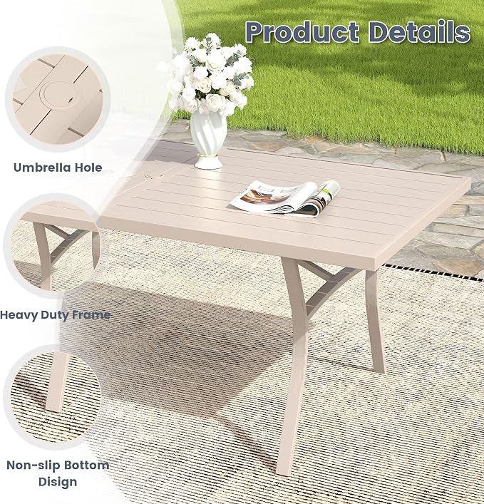 VICLLAX 7 Pieces Patio Outdoor Dining Set, 6 Swivel Textilene Chairs and 63" Rectangular Metal Table with Umbrella Hole for Porch, Deck, Garden, Sandshell