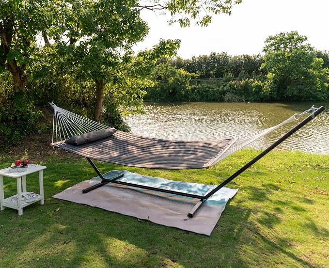 Lazy Daze Hammocks 2 Person Portable Hammock with 12FT Stand for Outside, 10.5FT Quilted Double Hammock with Spreader Bar and Detachable Pillow, 450lbs Capacity for Outdoor Patio, Grey