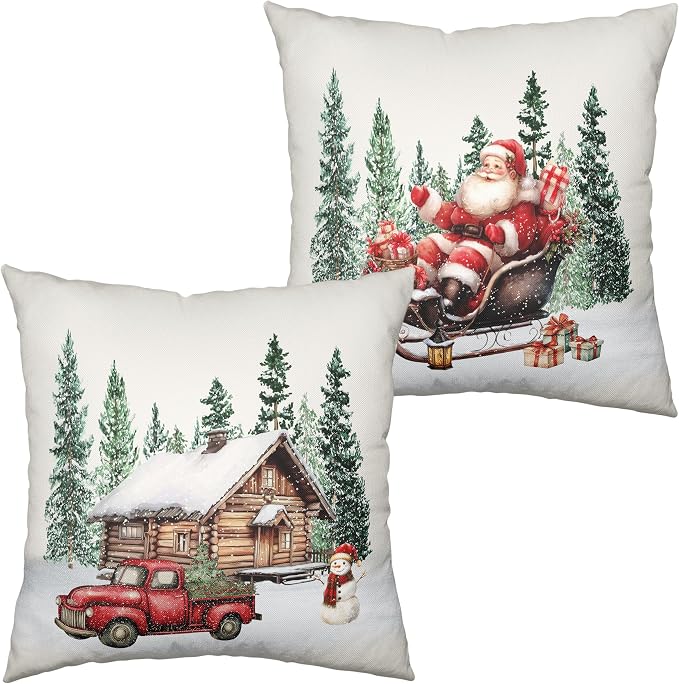Christmas Santa Pillow Covers Set of 2 Snowy House Red Truck Snowman Throw Pillow Covers Green Xmas Tree Pillowcase 24x24 Cotton Linen Cushion Case for Winter Holiday Home Decor