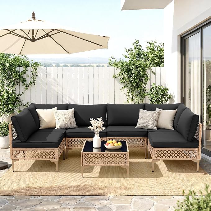 FHFO 7 Piece Outdoor Wicker Patio Furniture Set, Yellow/Black | Sectional Sofa | All-Weather Hand-Woven Rattan | Tempered Glass Coffee Table | Free Combination | Indoor & Outdoor Use