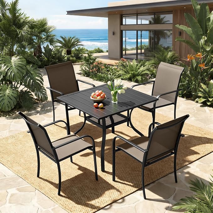 5-Piece Patio Dining Set,4 Person Outdoor Table and Chairs Set, 4 Metal Dining Chairs and Square Outdoor Table with 1.57" Umbrella Hole,Khaki