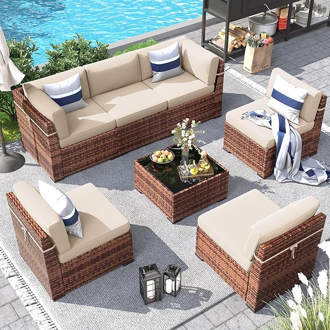 Patio Furniture Set, 7 Pieces Outdoor Modular Conversation Set Wicker Sectional Sofa for All Weather Rattan Patio Couch for Porch Garden Backyard Balcony Poolside (Khaki)