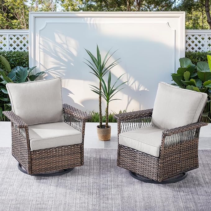 Patio Furniture Set with Fire Pit Table, 7PCS Patio Conversation Set Brown Resin Wicker Swivel Patio Chair Sofa Ottoman Set with Side Table and Fire Table PE Rattan Furniture Set
